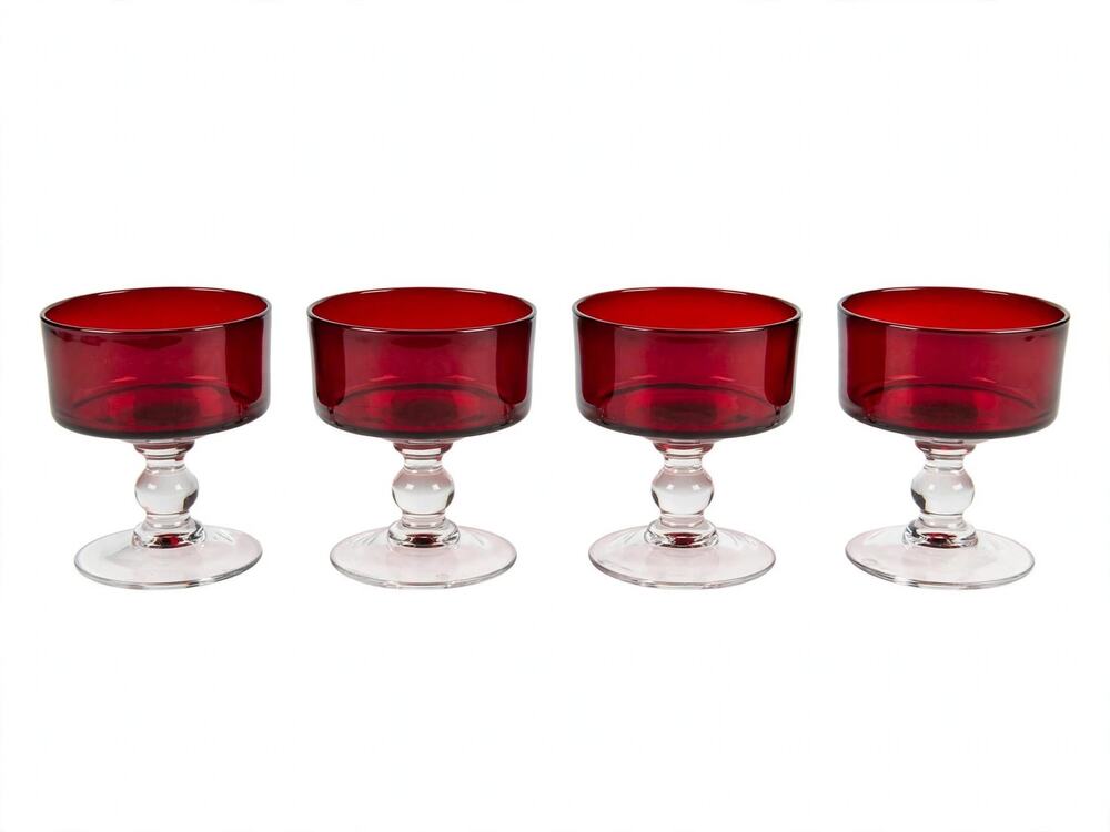 Set of 4 Luminarc Cavalier Ruby Red Champagne Coupe Glasses Clear Stem France